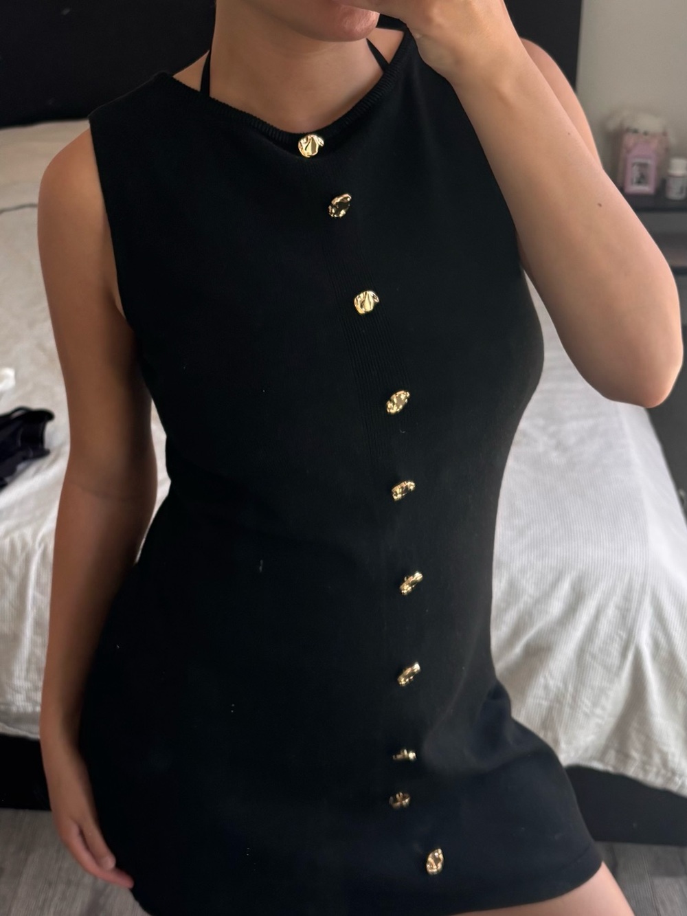 Black Sleeveless Mini Dress with Gold Buttons